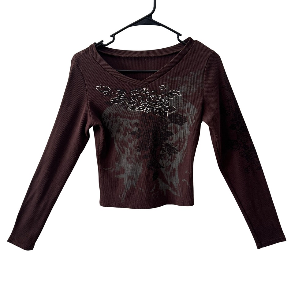 Y2K Brown Ribbed Gothic Graphic Rhinestone Top Size S/M Floral Dark Angel V-Neck